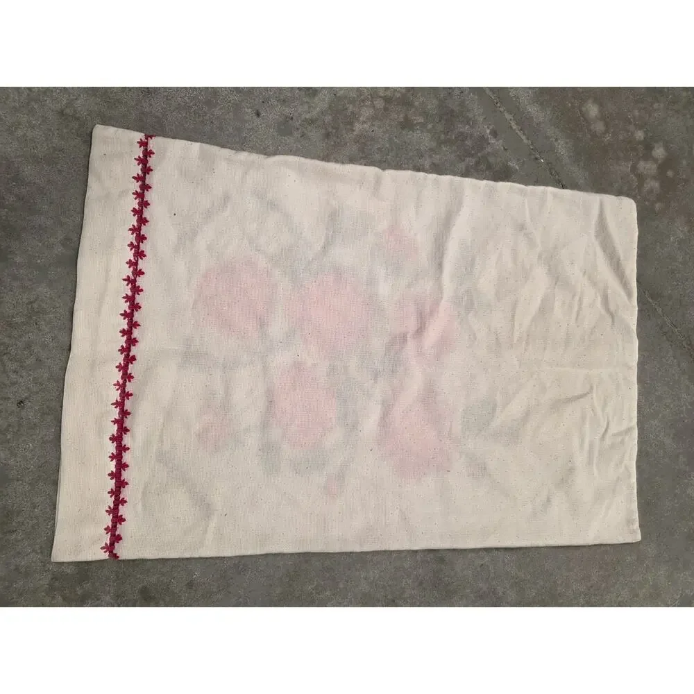 Vintage Mexican Hand Embroidered Pink Rose Linen Pillowcase 27x18in.